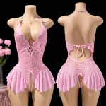 pink lace bodysuit lingerie with hollow open V-neck design
