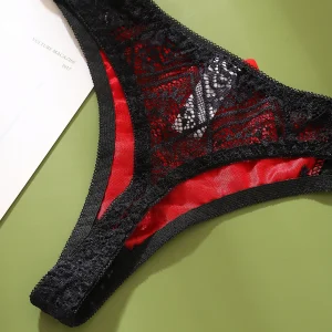 Patchwork lace thong with sheer low rise design and soft stretch comfort