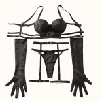 Luxury shaping lingerie set with sculpted bra, strappy details, matching bottom, and coordinated accessories