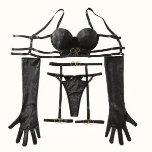 Luxury shaping lingerie set with sculpted bra, strappy details, matching bottom, and coordinated accessories