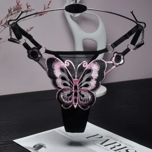 Butterfly mesh thong with low rise fit, sheer embroidery, and adjustable strap detail