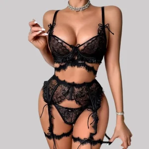 Eyelash lace lingerie set with sheer lace, bow accents, and a flattering split-set silhouette
