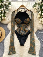 printed mesh bodysuit with halter lace-up neckline and sheer long sleeves