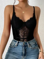 lace trim bodysuit with deep V neckline and sheer mesh panel