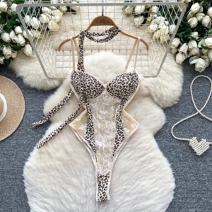 pink leopard bodysuit with halter detail and slim fit design