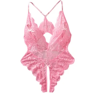 pink lace teddy with sheer floral lace and deep V neckline