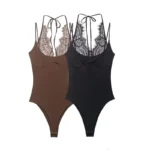 lace patchwork bodysuit with v-neck and thin straps