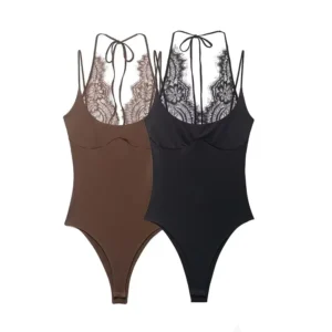 lace patchwork bodysuit with v-neck and thin straps