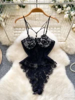 lace mesh bodysuit with sheer floral lace and delicate straps