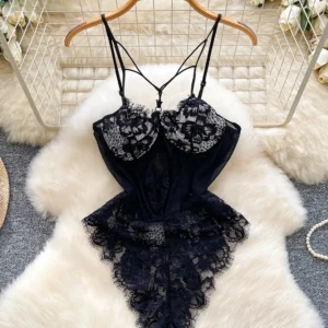 lace mesh bodysuit with sheer floral lace and delicate straps
