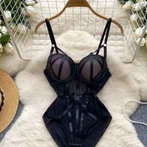 bandage mesh bodysuit with padded cups and sculpting sheer panel design