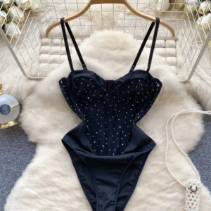 black beaded camisole bodysuit with slim fit and strappy design