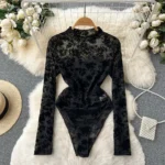black lace bodysuit with embroidered mesh and long sleeves