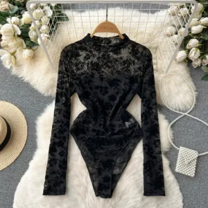 black lace bodysuit with embroidered mesh and long sleeves