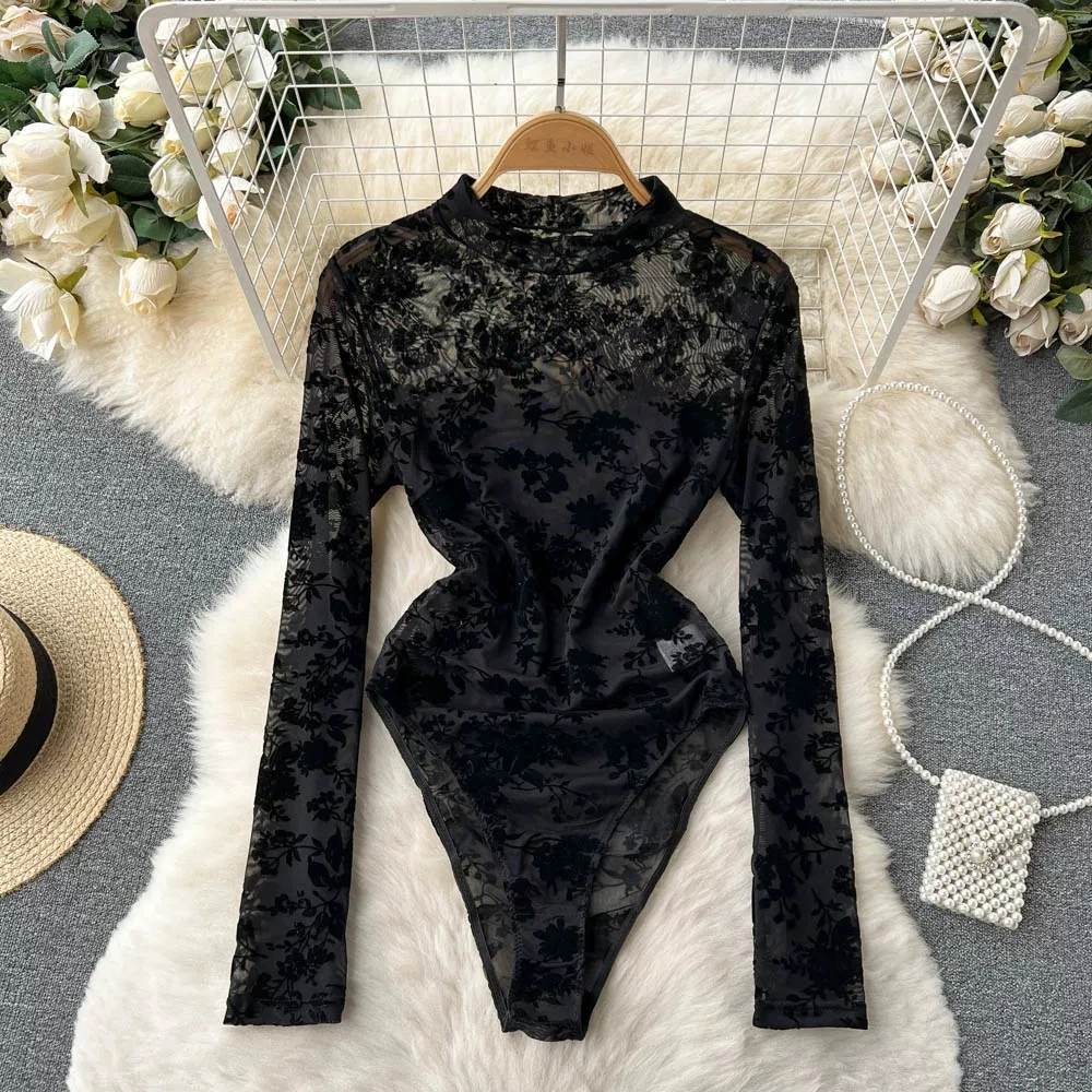 Black Lace Bodysuit black lace bodysuit with embroidered mesh and long sleeves