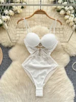 lace cutout bodysuit with lace splice panels and high waist fit