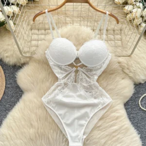 lace cutout bodysuit with lace splice panels and high waist fit