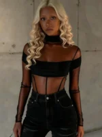 sheer sleeve bodysuit with transparent mesh and patchwork detail