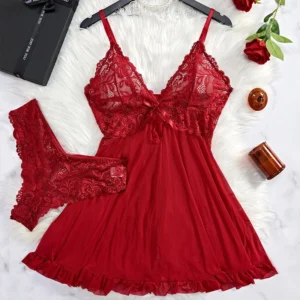 lace nightdress panty set with sheer mesh skirt and floral lace bodice