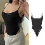 sleeveless hollow bodysuit in black with slim fit