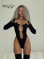 ring cutout bodysuit with long sleeves and front hardware detail