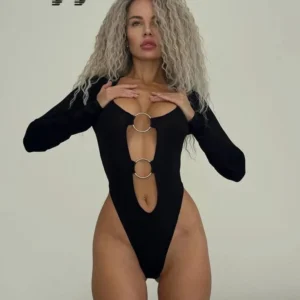 ring cutout bodysuit with long sleeves and front hardware detail