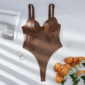 PU lingerie bodysuit with sleeveless design and high cut fit