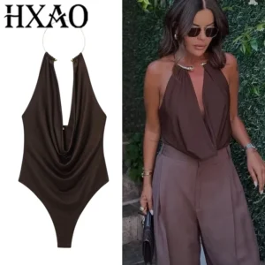 halter ring bodysuit with draped neckline and backless design