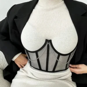 Chain Bustier Corset with sheer mesh panels and silver chain detail
