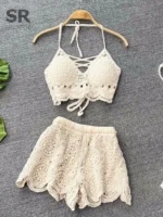 crochet beach set with backless camisole and elastic waist shorts