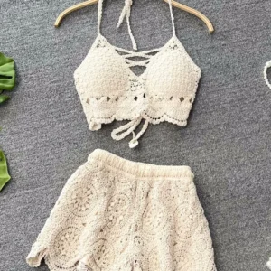 crochet beach set with backless camisole and elastic waist shorts