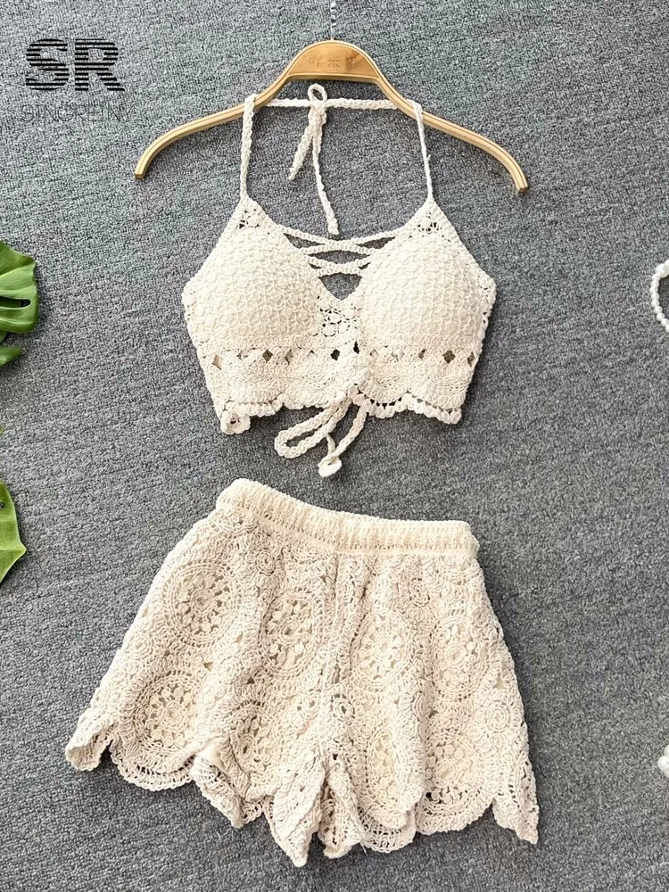 Crochet Beach Set crochet beach set with backless camisole and elastic waist shorts