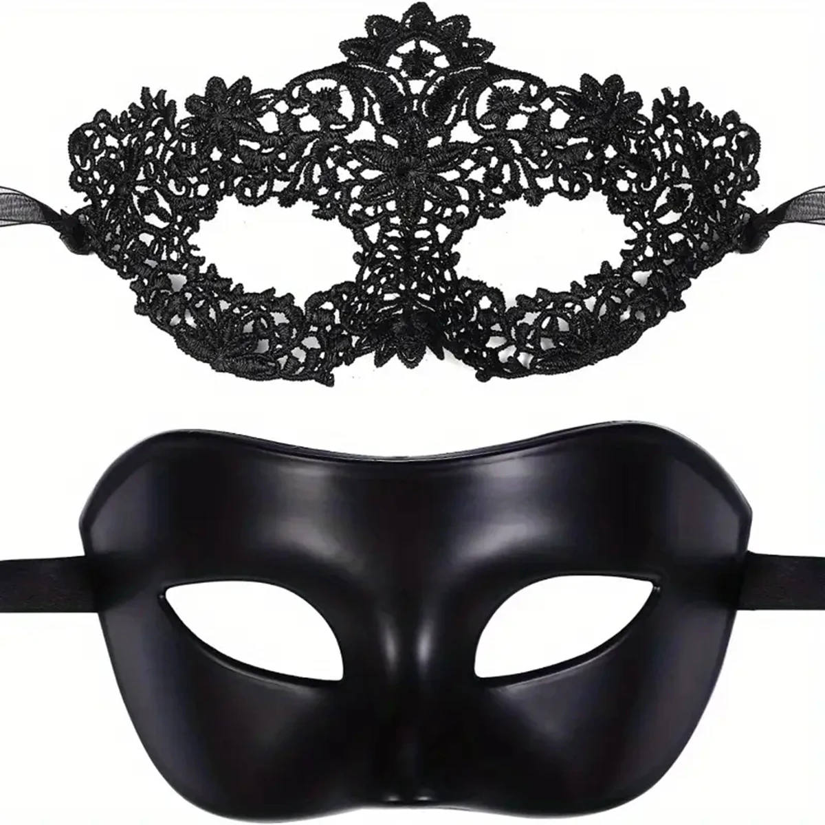 Elegant Black Masquerade Mask Set Masquerade Mask Set with black lace mask and smooth PVC mask for Venetian party styling