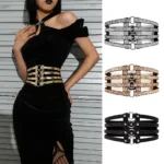 Decorative Waist Belt with 4-row hollow design, loop buckle details, and wide stretch fit