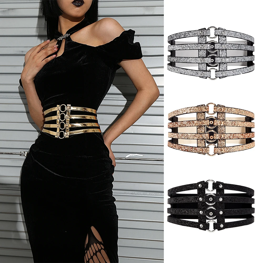 4 Row Hollow Decorative Waist Belt Decorative Waist Belt with 4-row hollow design, loop buckle details, and wide stretch fit