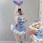 Blue Bunny Cosplay Costume with blue dress, bunny ears, ruffle trim, bow details, and anime-inspired styling