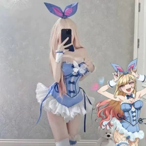 Blue Bunny Cosplay Costume with blue dress, bunny ears, ruffle trim, bow details, and anime-inspired styling