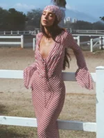 striped bikini set with long sleeve crop top and bodycon skirt