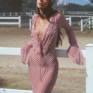 striped bikini set with long sleeve crop top and bodycon skirt