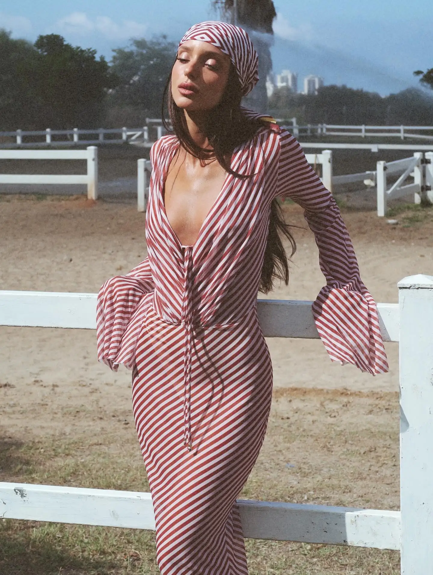 Striped Bikini Set striped bikini set with long sleeve crop top and bodycon skirt