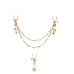 Pearl Nipple Clamps with metal clip design, gold-tone chains, pearl accents, and small bell details
