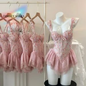 Lace Nightdress with chest pad, sleeveless design, lace trim, bow detail, and sweet feminine nightwear styling