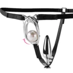 Chastity Belt Toy with adjustable black waist strap, metal plug detail, and silver-tone front design