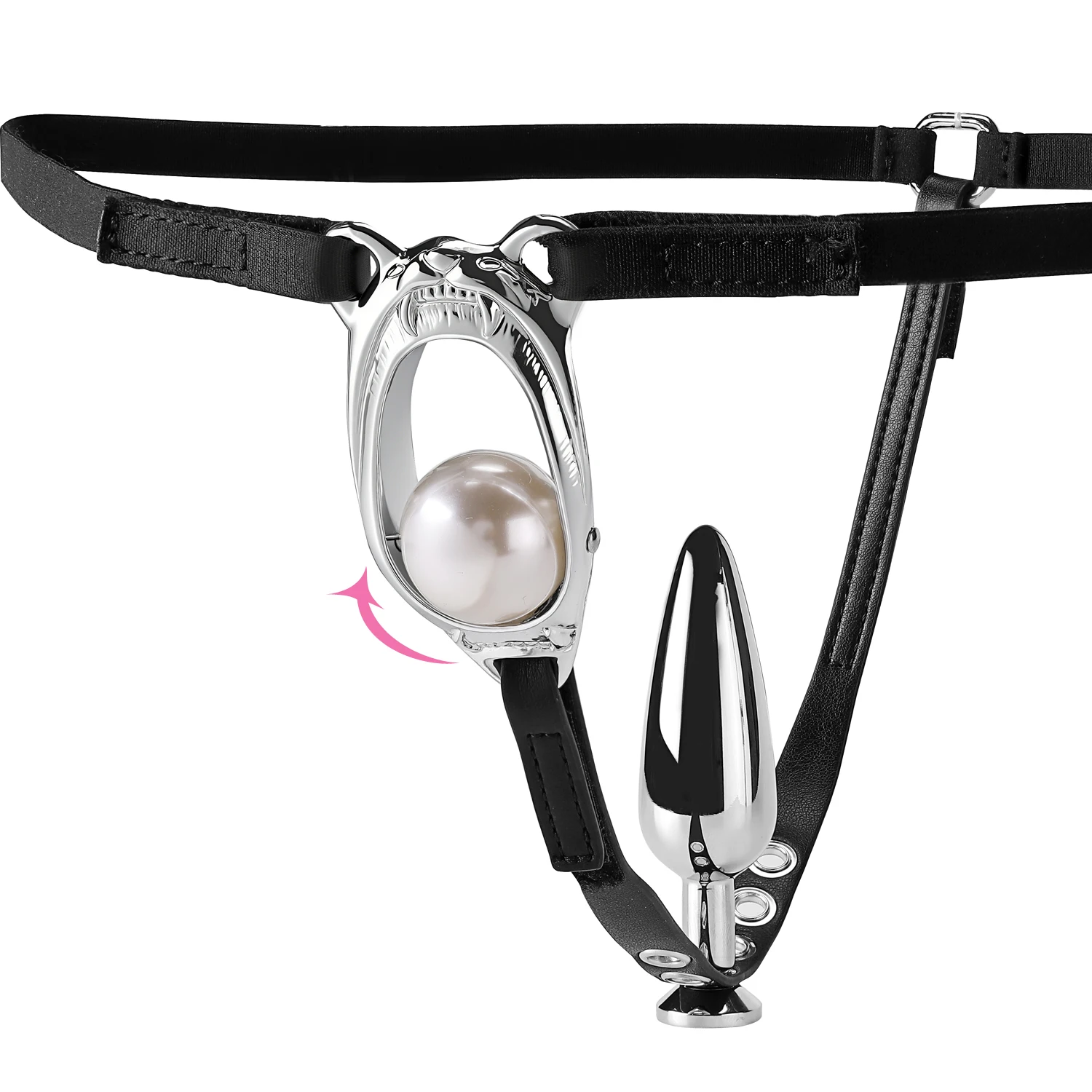 Adjustable Chastity Belt Toy Chastity Belt Toy with adjustable black waist strap, metal plug detail, and silver-tone front design