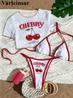 cherry print bikini set with short sleeve crop top