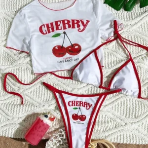 cherry print bikini set with short sleeve crop top