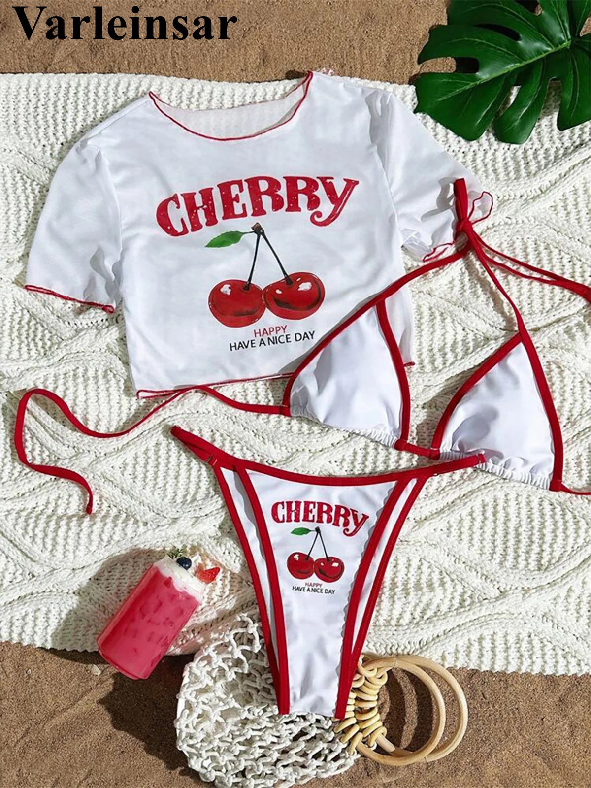 Cherry Print Bikini Set cherry print bikini set with short sleeve crop top
