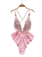 strappy lace mesh bodysuit in pink with floral lace and deep plunge neckline