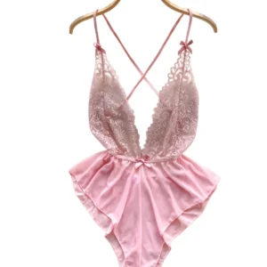 strappy lace mesh bodysuit in pink with floral lace and deep plunge neckline