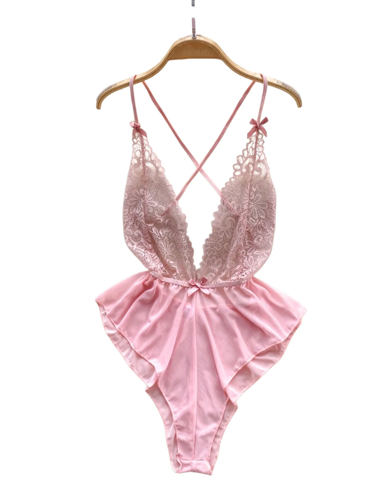 Strappy Lace Mesh Bodysuit strappy lace mesh bodysuit in pink with floral lace and deep plunge neckline